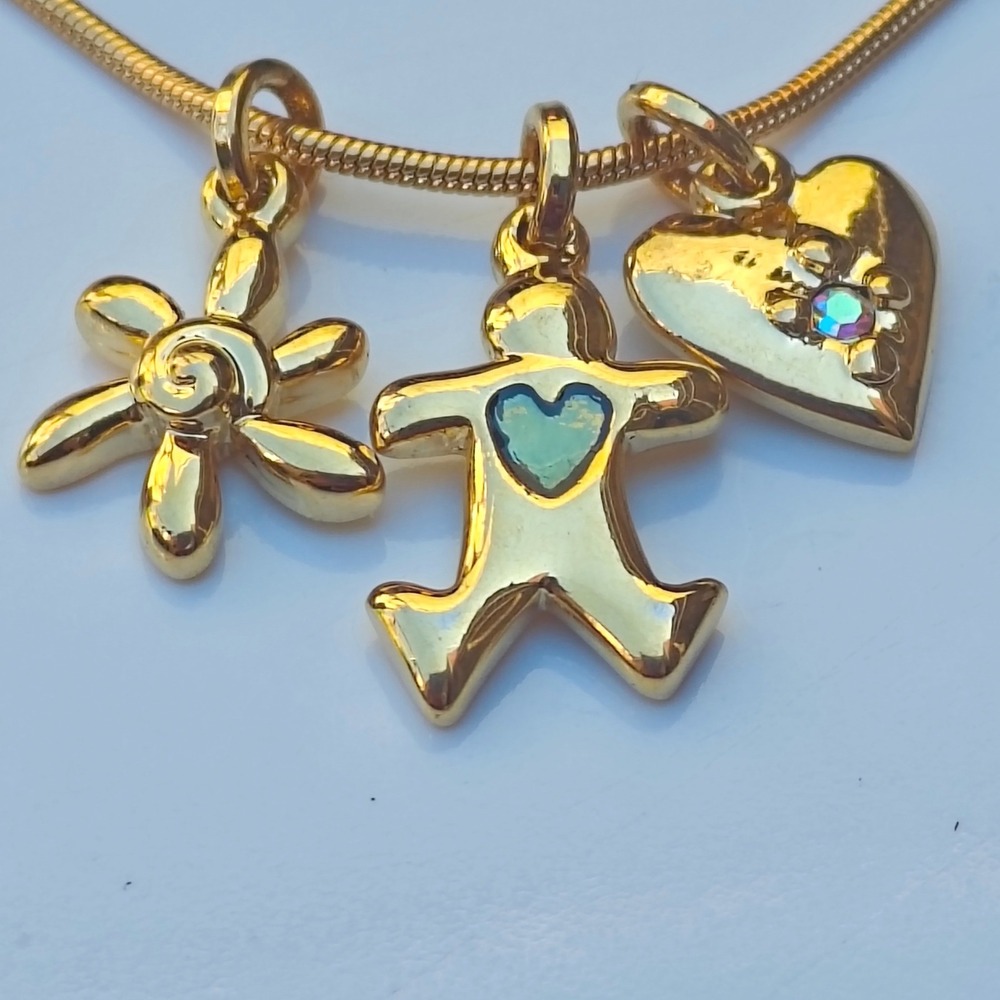 Gold Tone Snake Chain Charm Necklace Flower Heart Person Pendants 16 Inch Whimsy